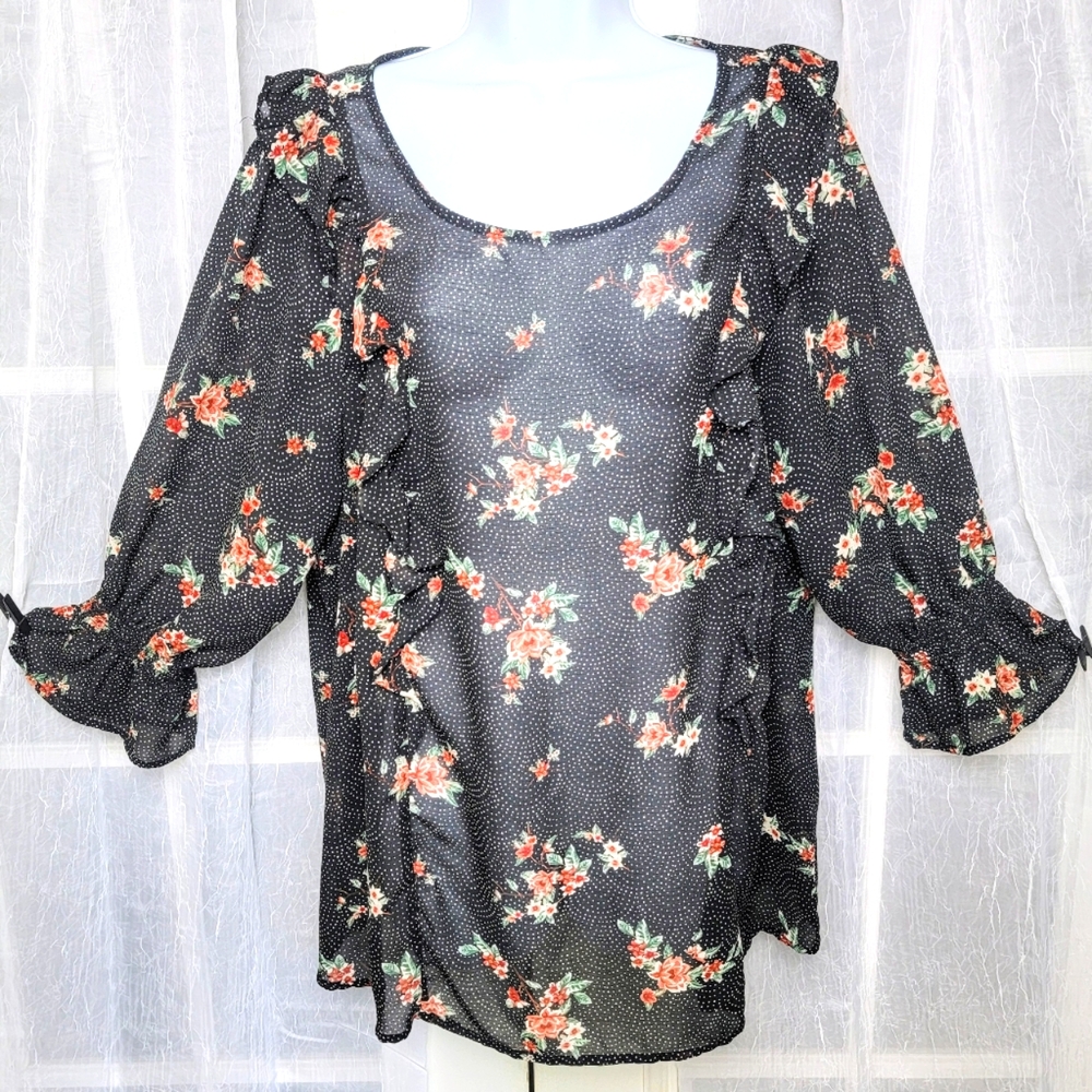 Torrid Black Floral Ruffled Semi Sheer Blouse Sz 2X Black 3/4 Sleeve Cottagecore